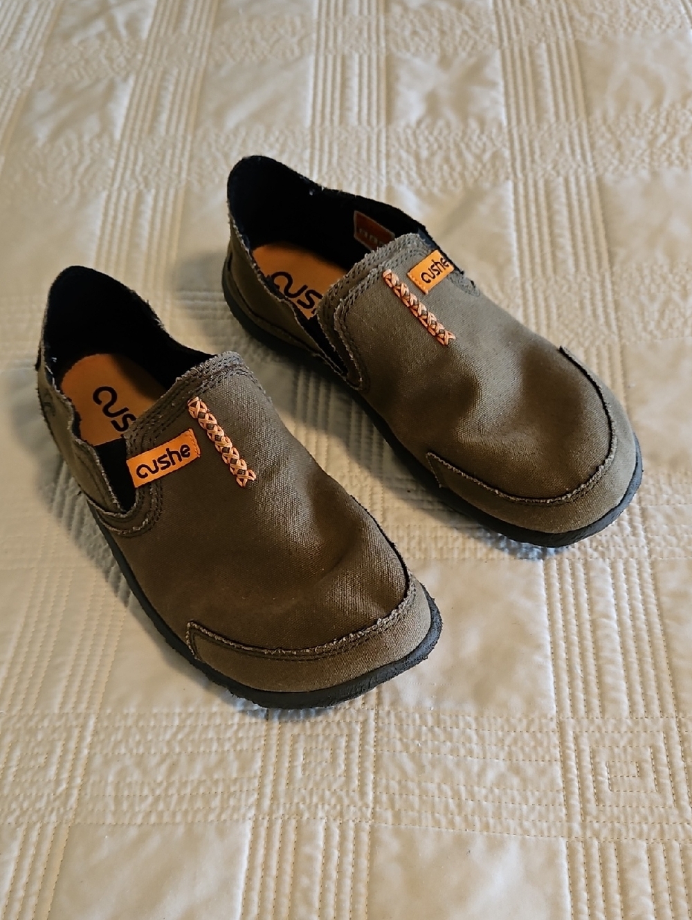 cushe Olive Slip-On Sneakers with Orange Tabs